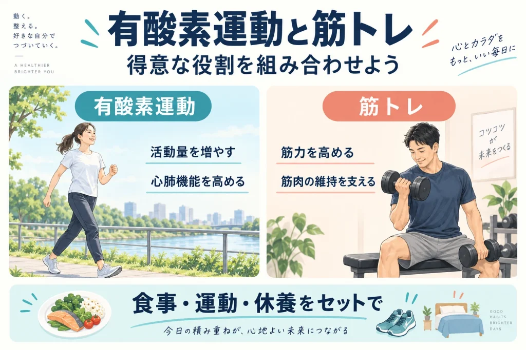 有酸素運動は活動量や心肺機能、筋トレは筋力や筋肉の維持を支える比較図