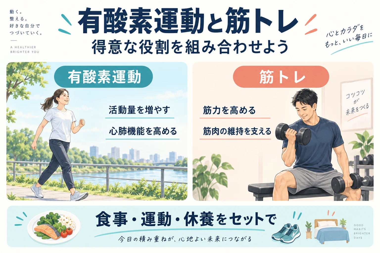 有酸素運動は活動量や心肺機能、筋トレは筋力や筋肉の維持を支える比較図