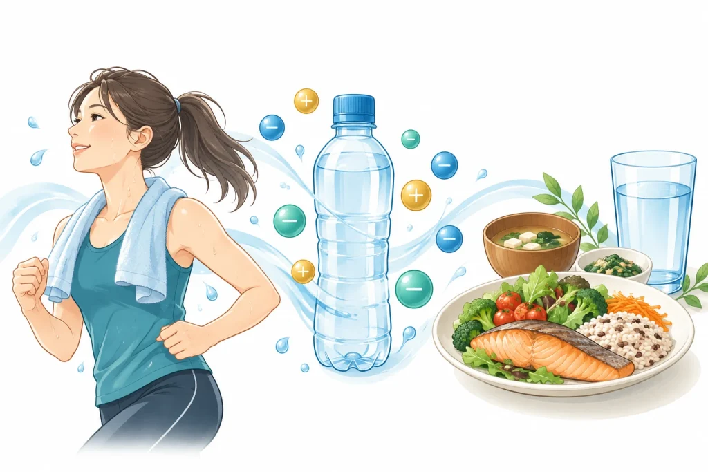 運動中の発汗と水分補給、食事からの電解質摂取を表すイラスト