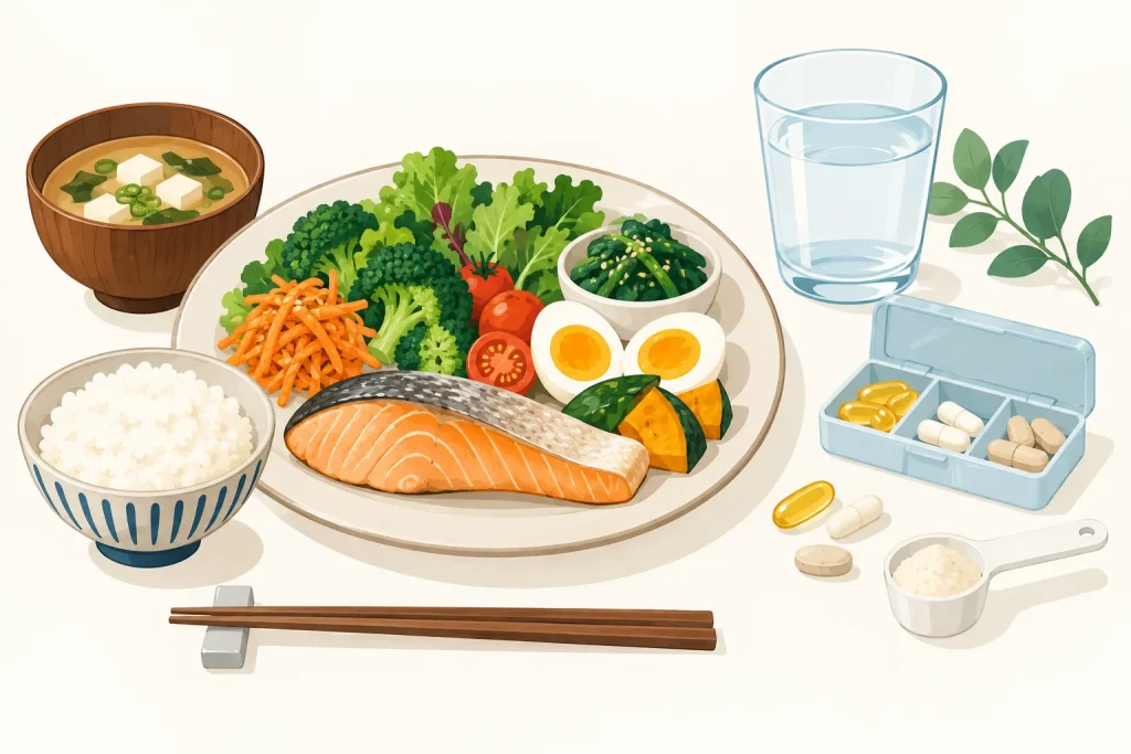 食事を土台に、サプリメントは補助として位置づける考え方を表したイラスト