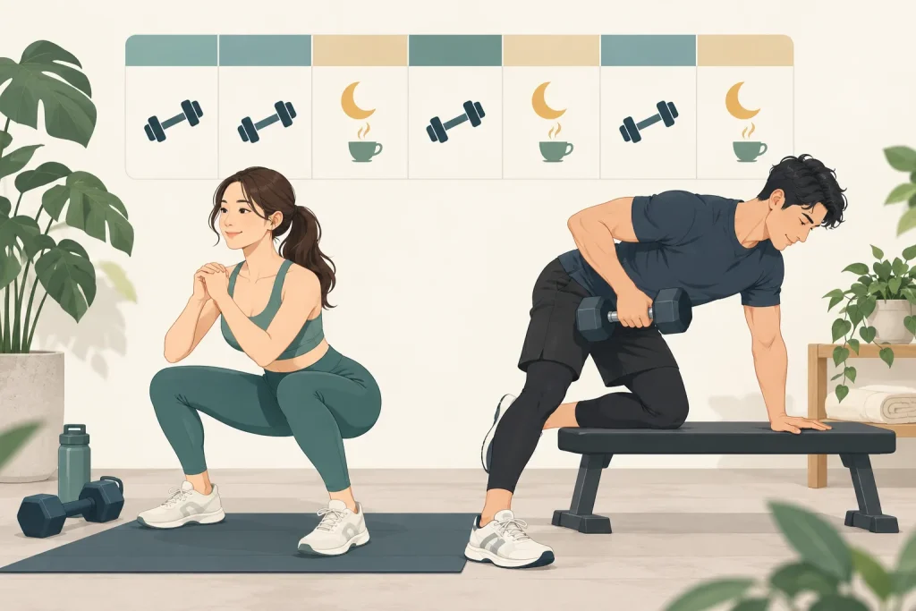 カレンダーのトレーニング日と休養日、ダンベルと睡眠を表したイラスト