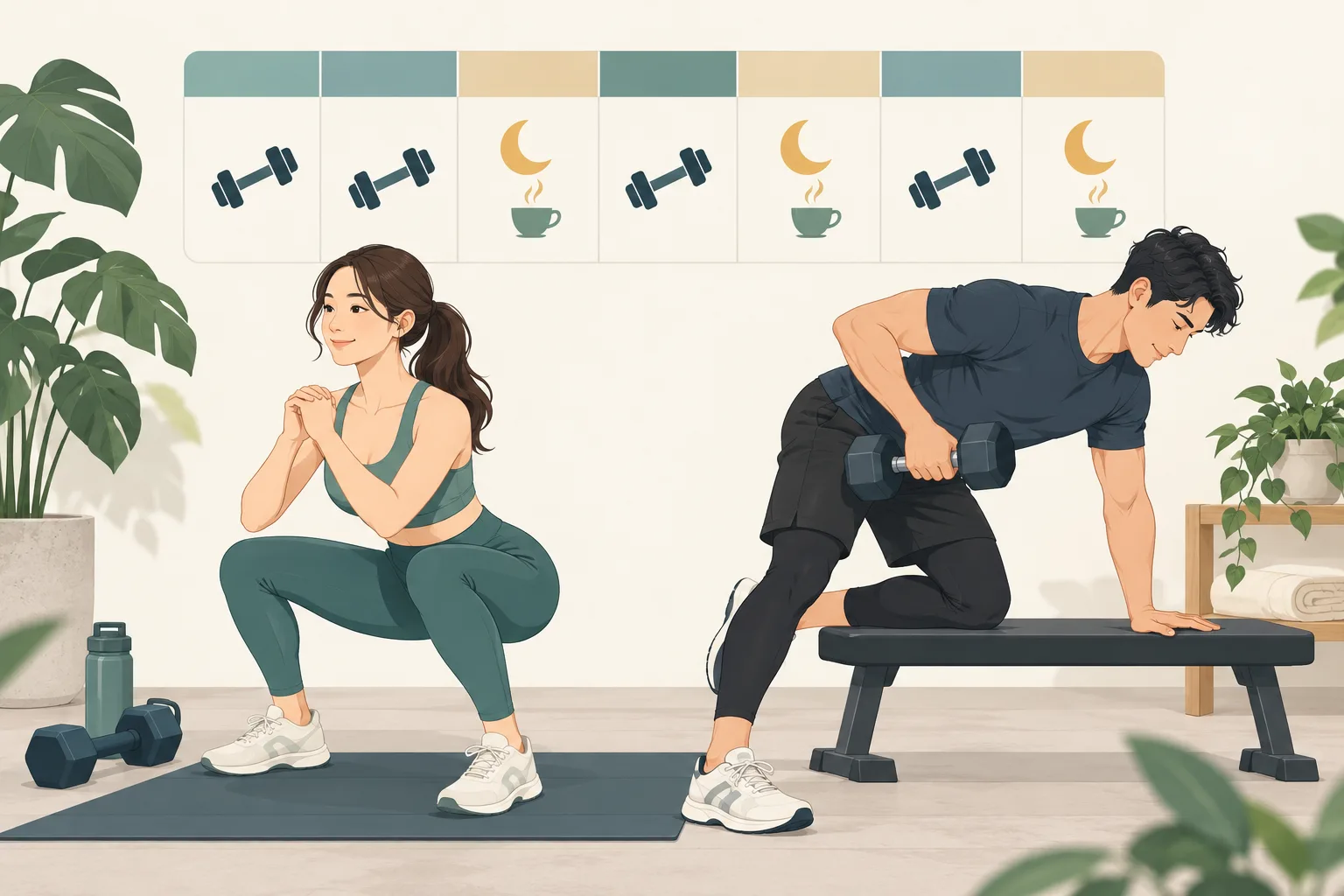 カレンダーのトレーニング日と休養日、ダンベルと睡眠を表したイラスト
